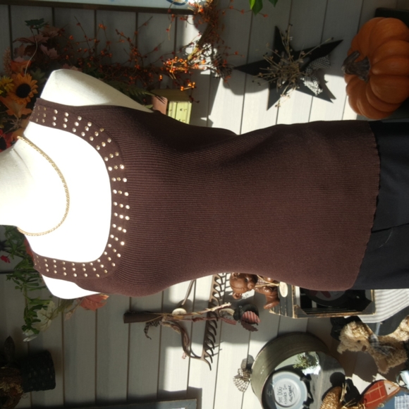 POINTELLE ♡ Vintage Brown Silk Ribbed Gold Rivet Scoop Neck Sleeveless Top S - Picture 8 of 14